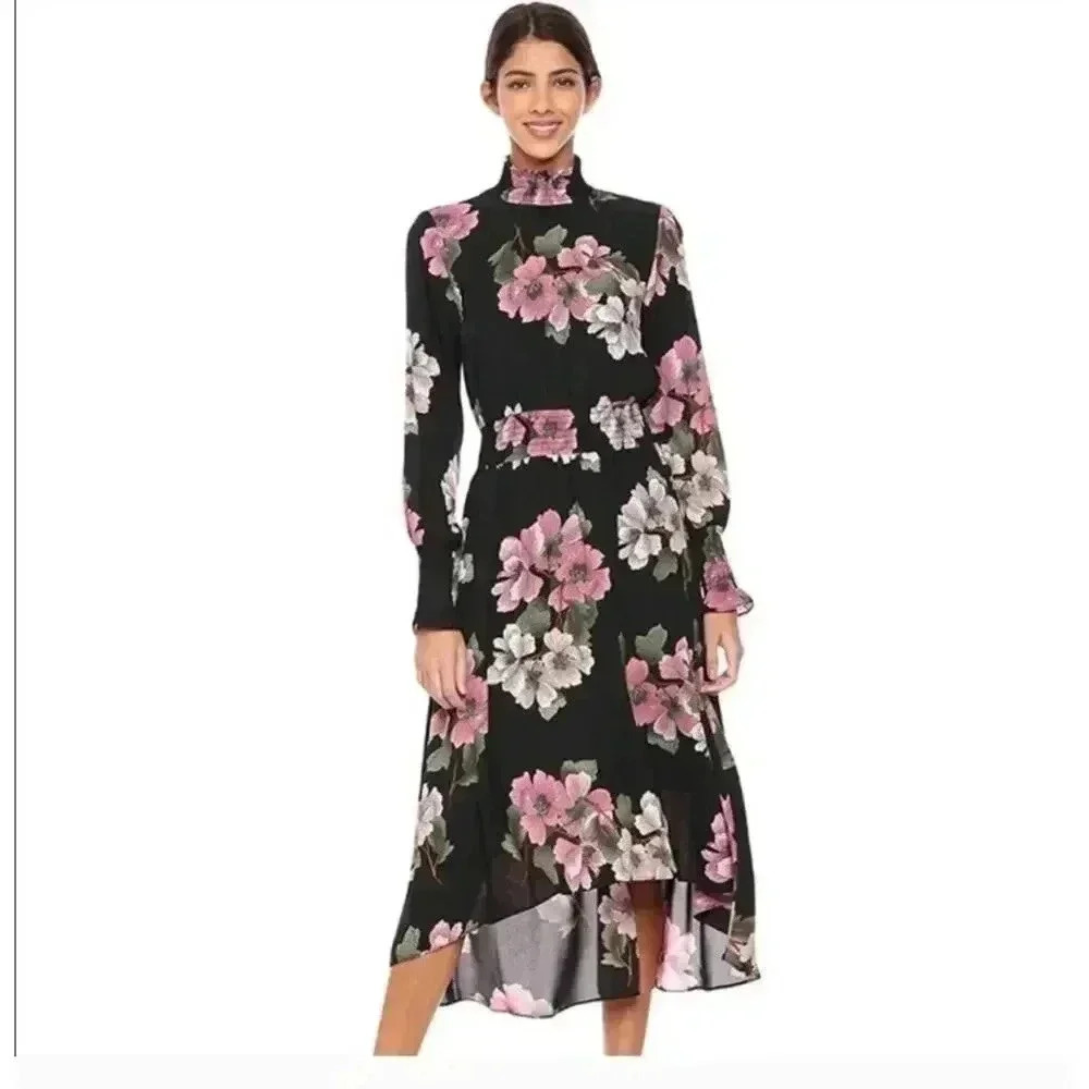 Nanette lepore Black Floral Vibrant Long Sleeves Dress Size 12